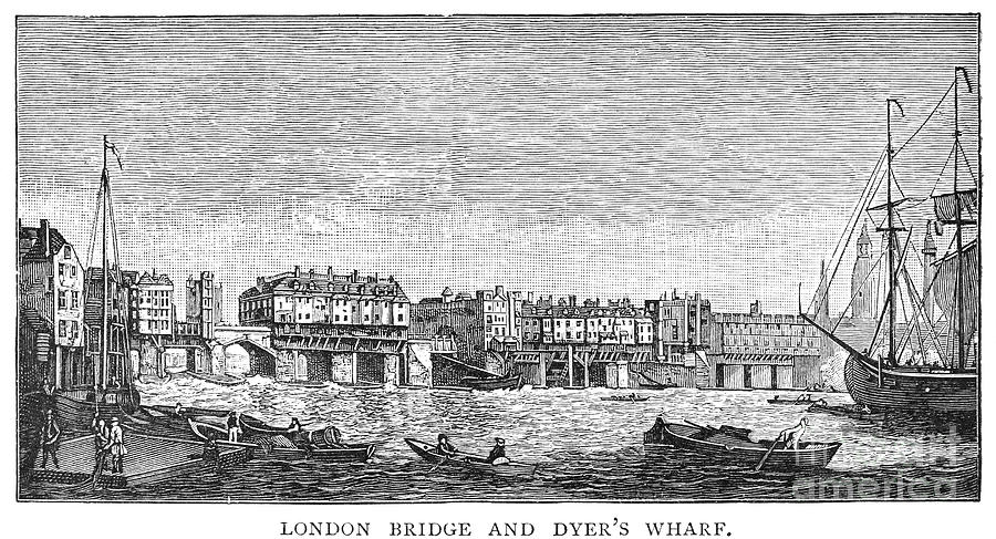 900x487 London Waterfront, 1750. Nlondon Bridge And Dyers Wharf. Wood - Engraving Painting