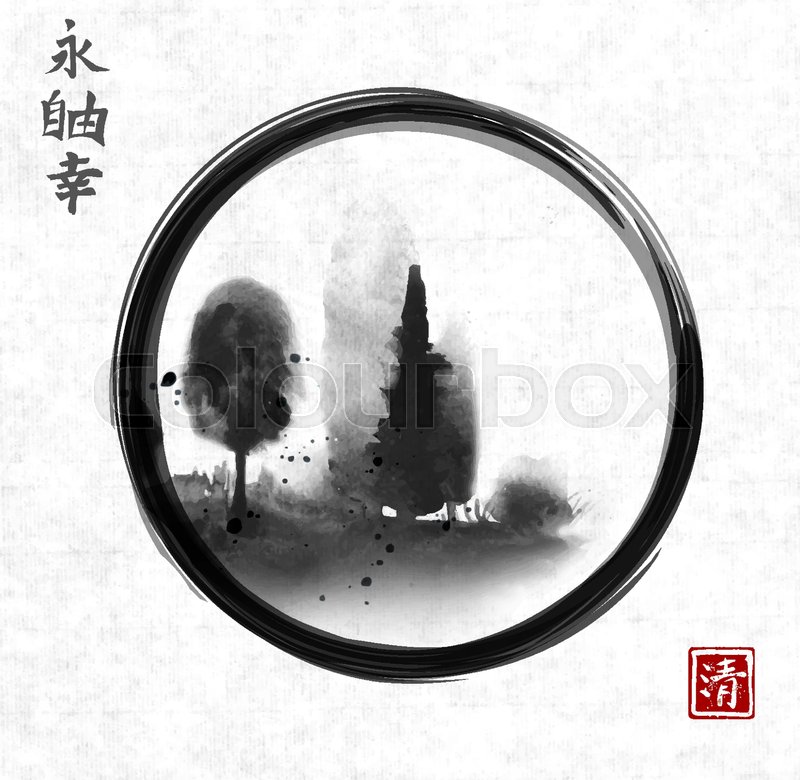 800x780 Ink Wash Painting With Forest Trees In Black Enso Zen Circle - Enso Painting