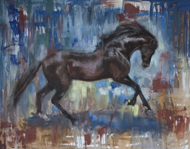 750x587 Bay Horse With Blue, Equine Painting By Lydia Rose Spencer, Lydia - Equine Painting