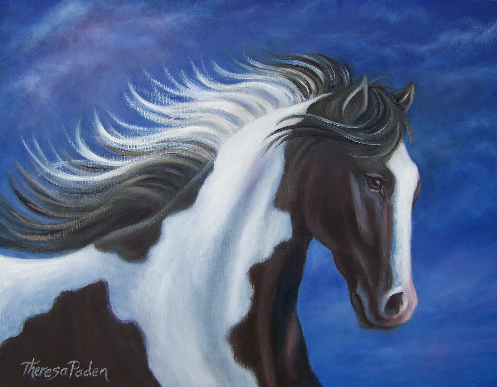 1600x1245 Equine Art Gallery Black And White Paint Horse By Theresa Paden - Equine Painting