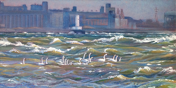 575x287 Tundra Swans On Windy Lake Erie (Oil On Canvas 10 X 20 - Erie Painting