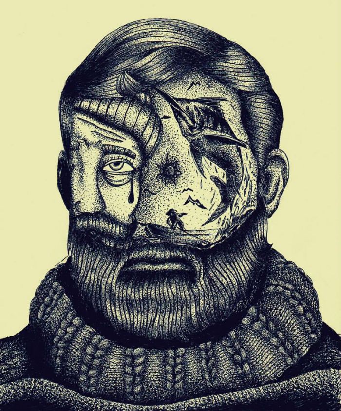 700x844 I Combine Authors And Their Novels Into One Painting Bored Panda - Ernest Hemingway Painting