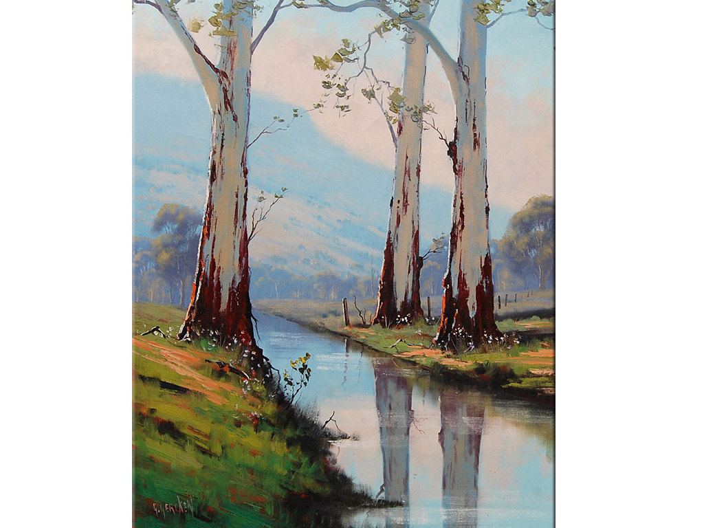 1024x768 Eucalyptus Trees Original Oil Painting Trees Landscape River - Eucalyptus Tree Painting