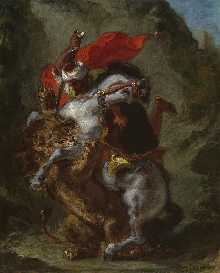 726x900 Arab Horseman Attacked By A Lion Painting By Ferdinand Victor - Eugene Delacroix Painting