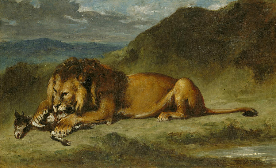 900x549 Lion Devouring A Goat Painting By Eugene Delacroix - Eugene Delacroix Painting
