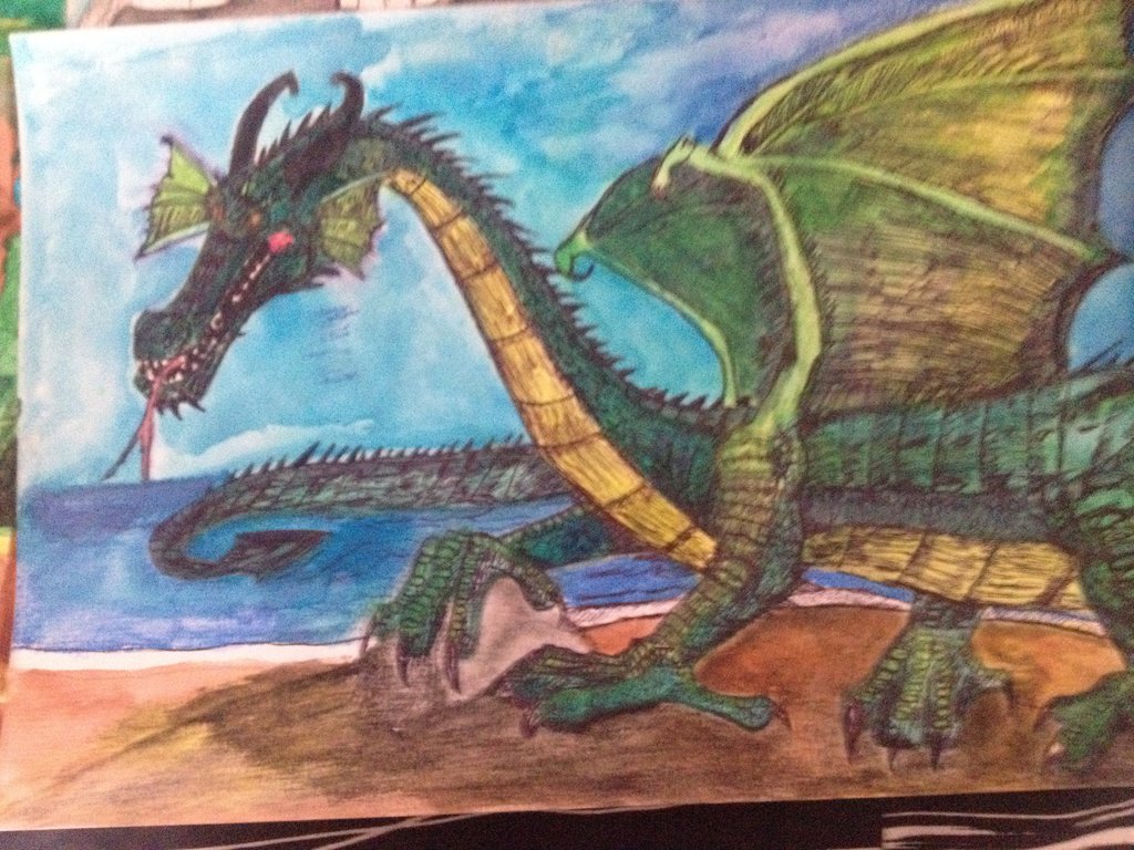 1024x768 Green European Dragon Approaches ( Full Colored) By Dragonfire810 - European Dragon Painting