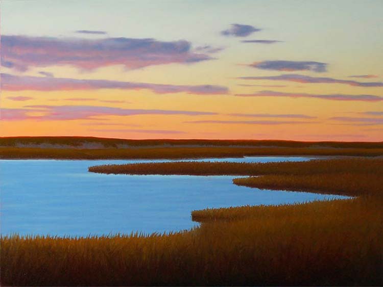 750x563 Evening Sky Marsh Painting Captures The Bright Colors Of A Sunset. - Evening Sky Painting