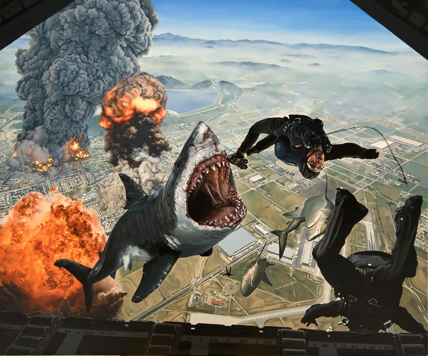 1500x1246 Oil Painting Of Exploding Sharks And Skydivers That I Made (It'S - Exploding Painting