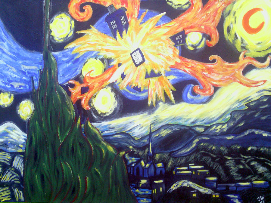 900x675 Starry Night Under A Exploding Tardis Painting By Skylar Webb - Exploding Painting