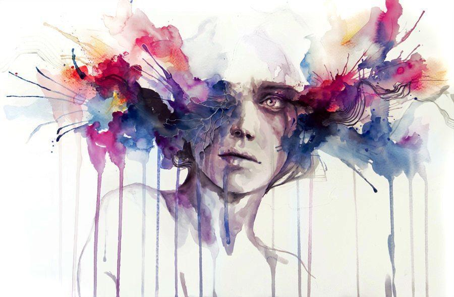 900x588 Modern Art Watercolor Portrait Color Brains Head Exploding Drip - Exploding Painting