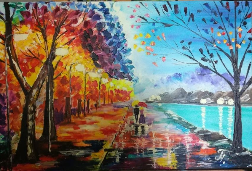 850x578 Oil Painting Night Walk Contemporary Palette Knife Art Paintings - Expressionism Painting