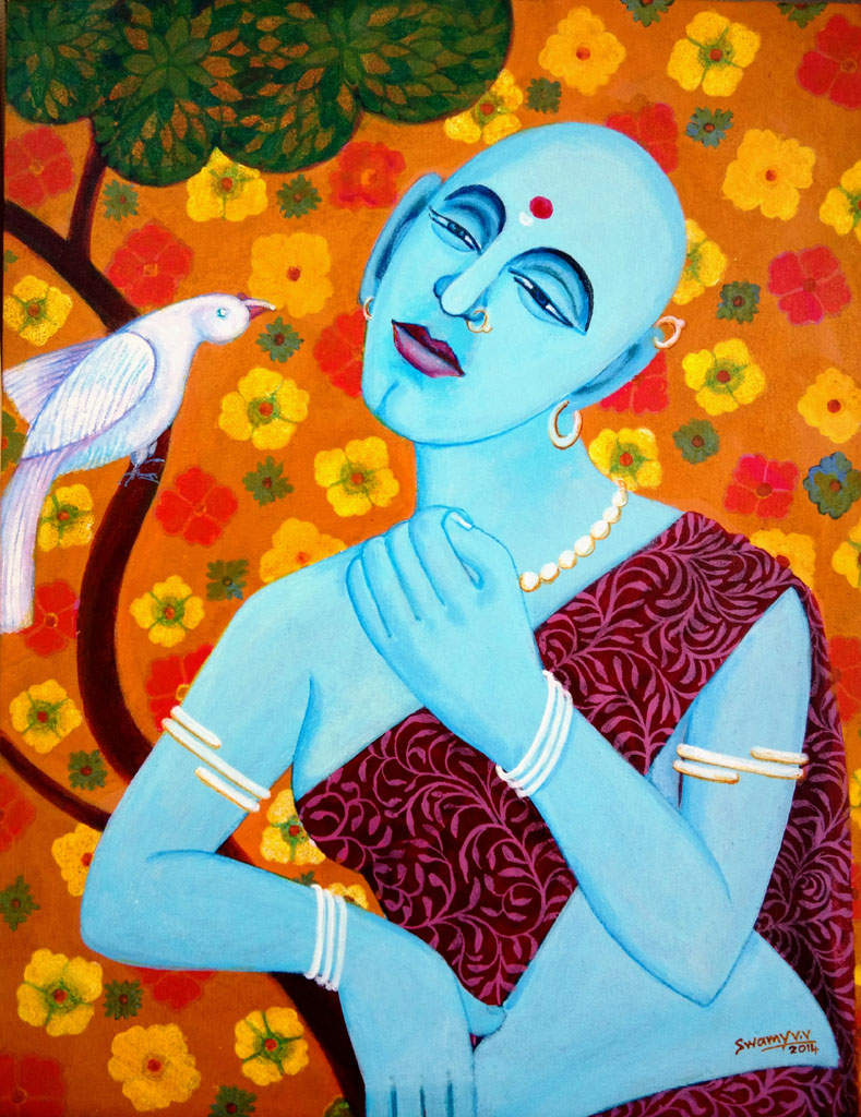 789x1024 Lady With Pet Expressionistic Painting By Valluri Venkata Swamy - Expressionistic Painting