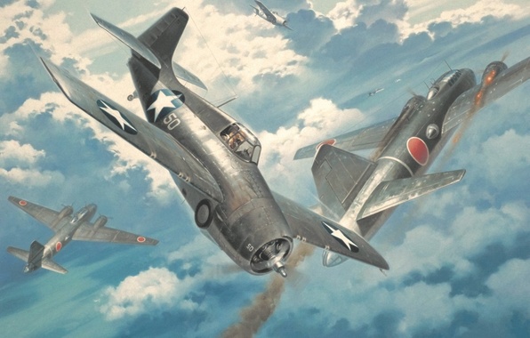 596x380 Wallpaper War, Art, Painting, Ww2, Mitsubishi G4m, Grumman F4f - F4f Wildcat Painting