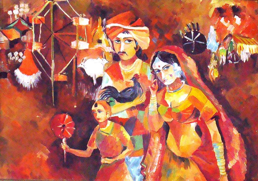 900x630 Village Fair Painting By Sajila Garg - Fair Painting