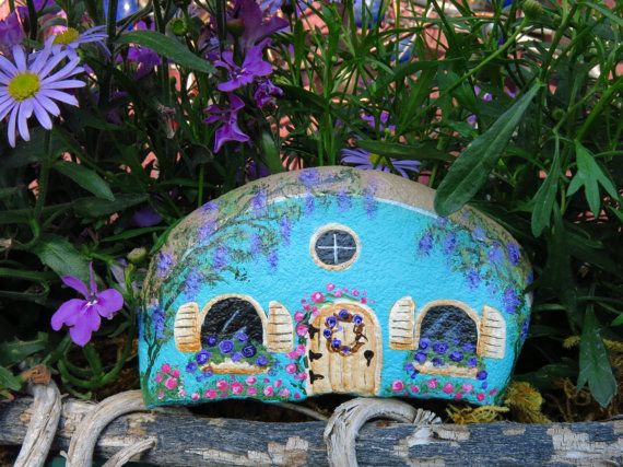 570x427 Miniature Painted Rock Cottage For Fairy Garden, Blue Stone House - Fairy Garden Painting