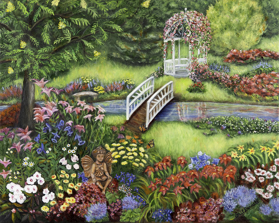 900x720 Reading Fairy Garden Painting By Gail Darnell - Fairy Garden Painting