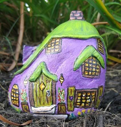 425x444 Painted Rock Cottage - Fairy Garden Painting