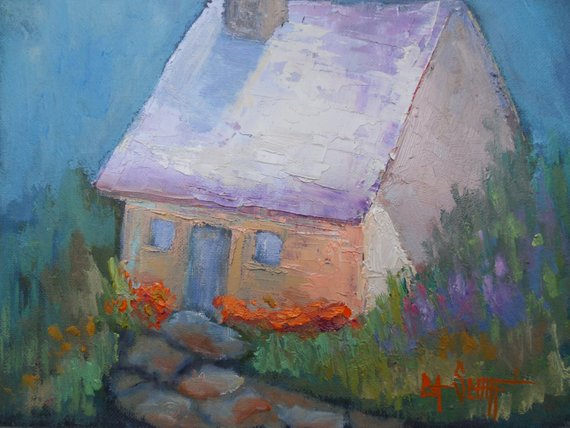 570x428 Impressionist House Painting Fairy House Small Landscape - Fairy House Painting