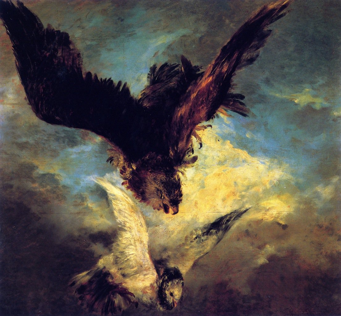 1105x1024 Falcon Swooping On A Dove Painting Adolph Von Menzel Oil Paintings - Falcon Painting