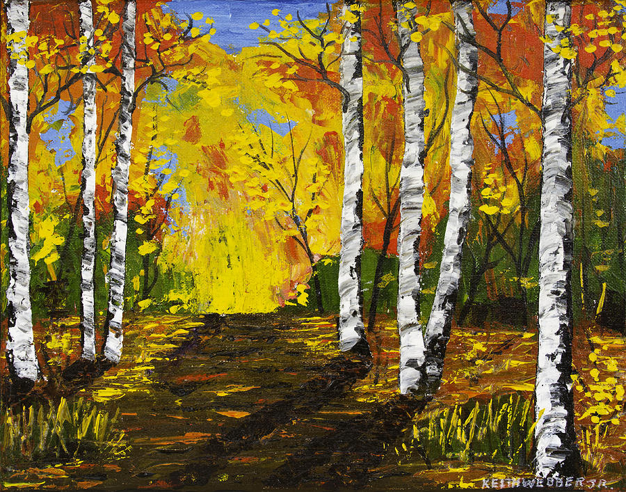900x707 Birch Trees And Road Fall Painting Painting By Keith Webber Jr - Fall Birch Tree Painting
