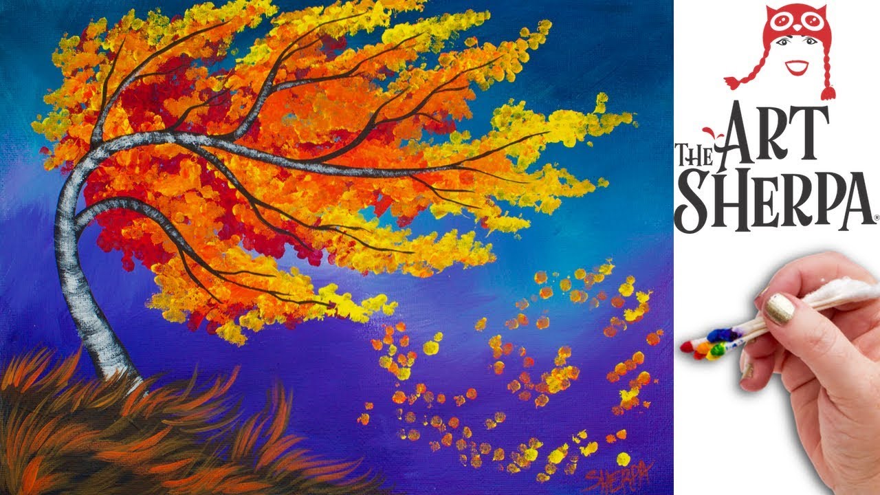 1280x720 Fall Birch Tree Q Tip Painting Technique For Beginners Easy - Fall Birch Tree Painting