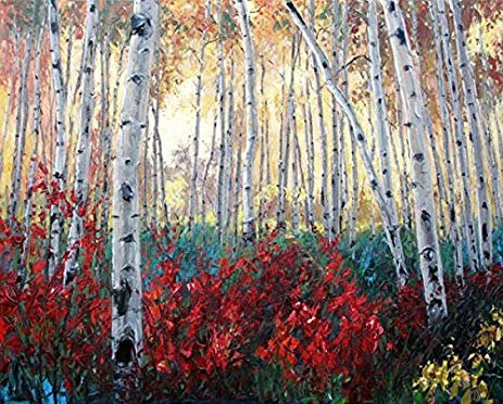 463x372 Real Hand Painted Birch Tree And Lavender Fields - Fall Birch Tree Painting