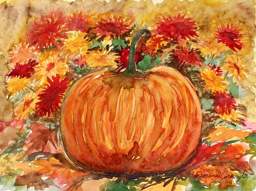 900x671 Pumkin And Fall Flowers Painting By Rosanna Cartwright - Fall Flower Painting