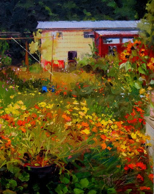511x640 In Plein Air Fall Flower Garden Oil Landscape Painting, Flowers - Fall Flower Painting