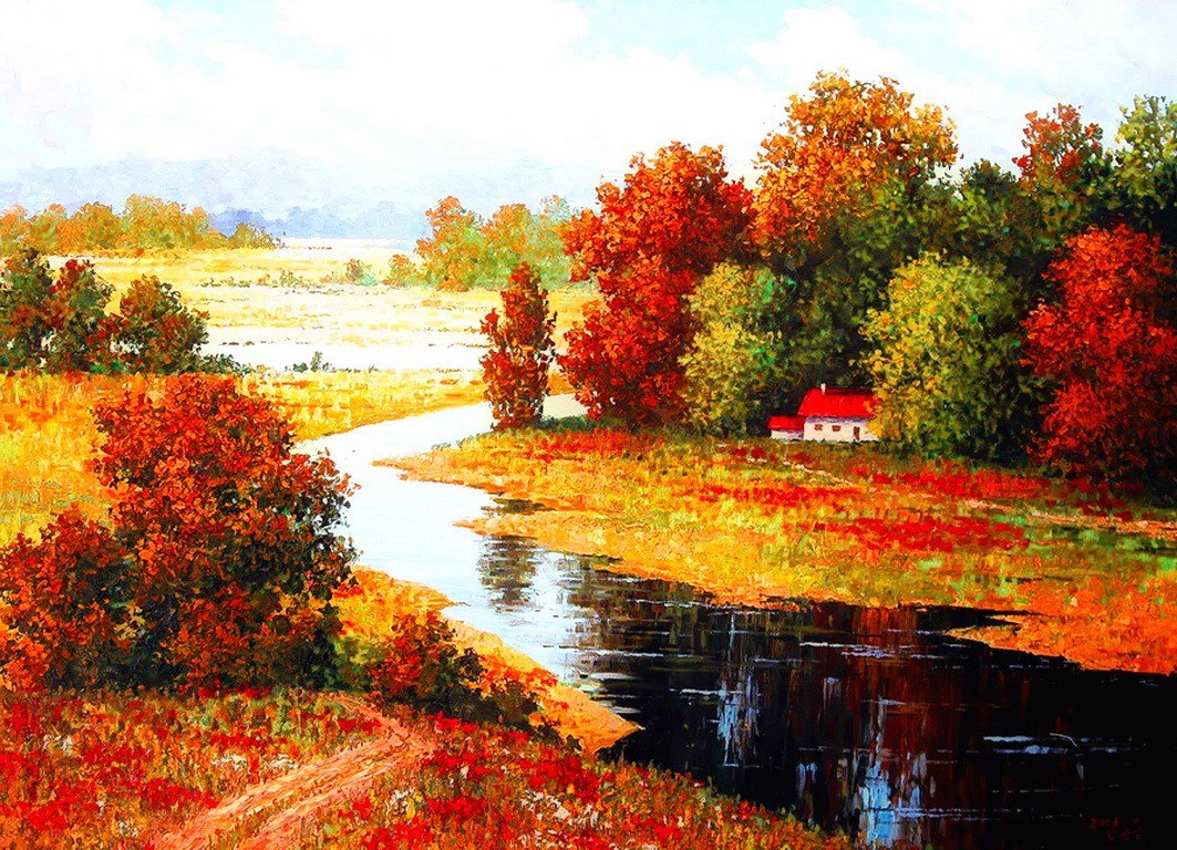1063x768 Rivers House Cottage Countryside Painting Colorful Art Autumn - Fall Foliage Painting