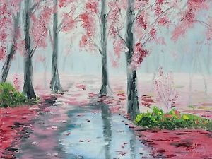 300x225 Original Oil Painting Of Pink Fall Forest On A Rainy Day, Water - Fall Forest Painting