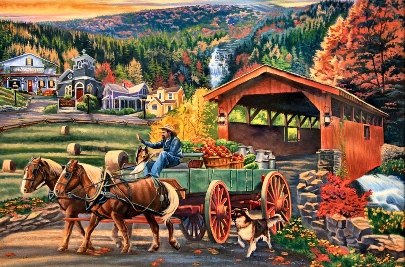 1366x900 Bridges Market Day Autumn Harvest Bridge Painting Dog Horses - Fall Harvest Painting
