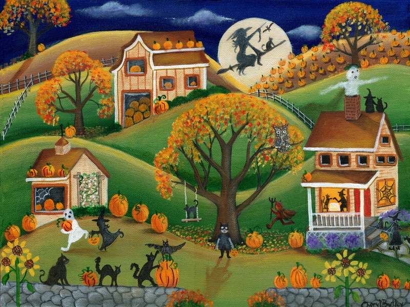 800x600 Halloween Folk Art Painting Autumn Harvest Pumpkin Fun Sold - Fall Harvest Painting