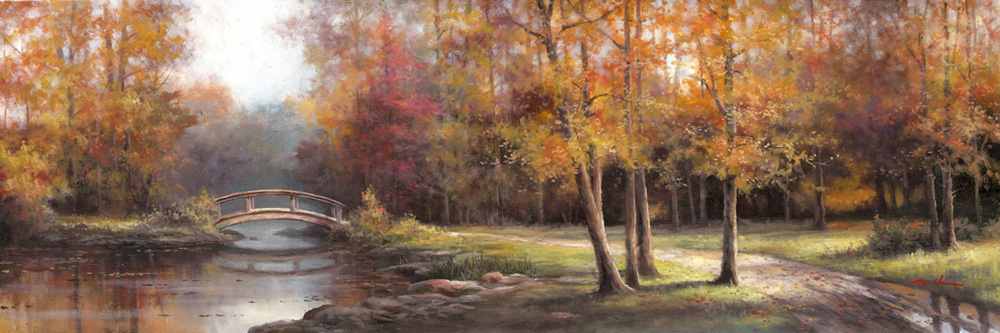 1000x333 Tan Chun Chiu Artwork Original Oil On Canvas Of Autumn Bridge By - Fall Landscape Oil Painting