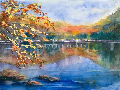 500x374 Painting Adirondack Fall (Original Art By Nari Mistry) - Fall Landscape Watercolor Painting