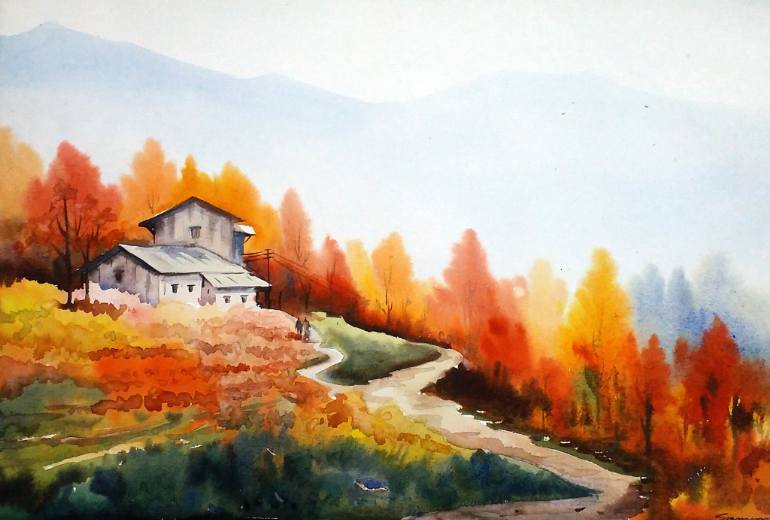 770x520 Saatchi Art Beauty Of Autumn Landscape - Fall Landscape Watercolor Painting
