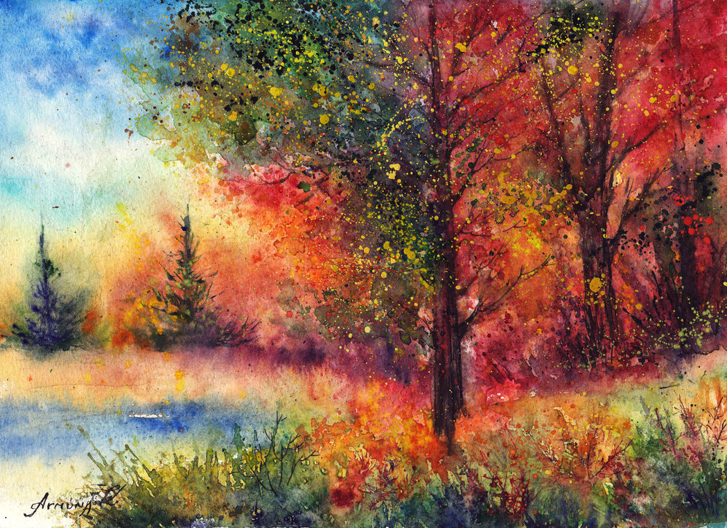 1049x761 Autumn Evening By Annaarmona - Fall Landscape Watercolor Painting