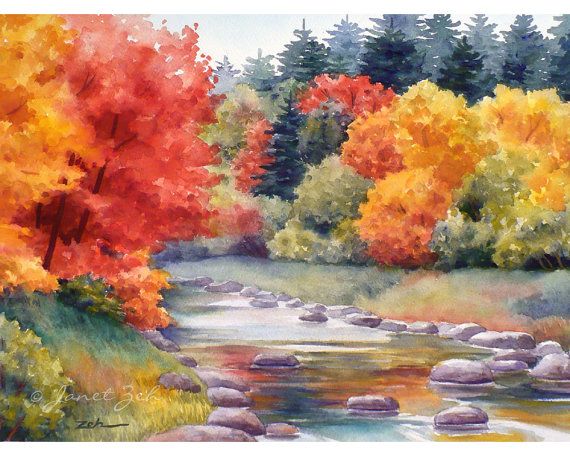 570x456 Autumn Watercolor Print, New England Fall Landscape, New Hampshire - Fall Landscape Watercolor Painting