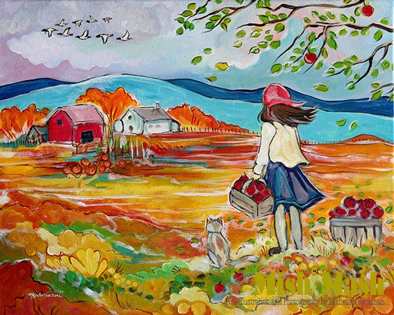570x456 Autumn Painting Art Apple Trees Geese A Pretty Farm By Mishmashart - Fall Painting For Kids