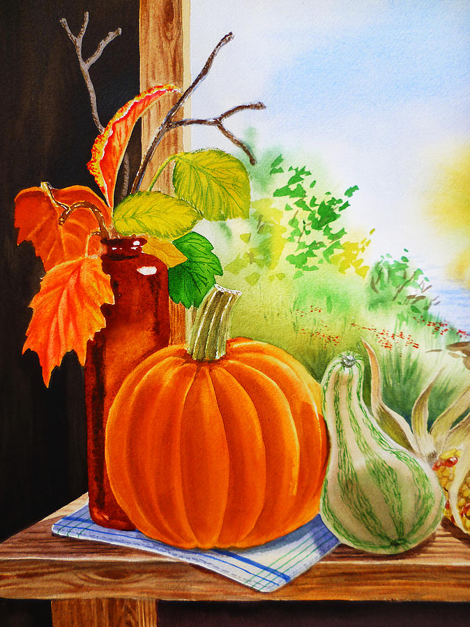 674x900 Fall Leaves Pumpkin Gourd Painting By Irina Sztukowski - Fall Painting Pumpkins