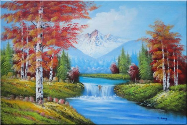 612x408 Small Waterfall Scenery In Autumn Oil Painting Landscape - Fall Scenery Painting