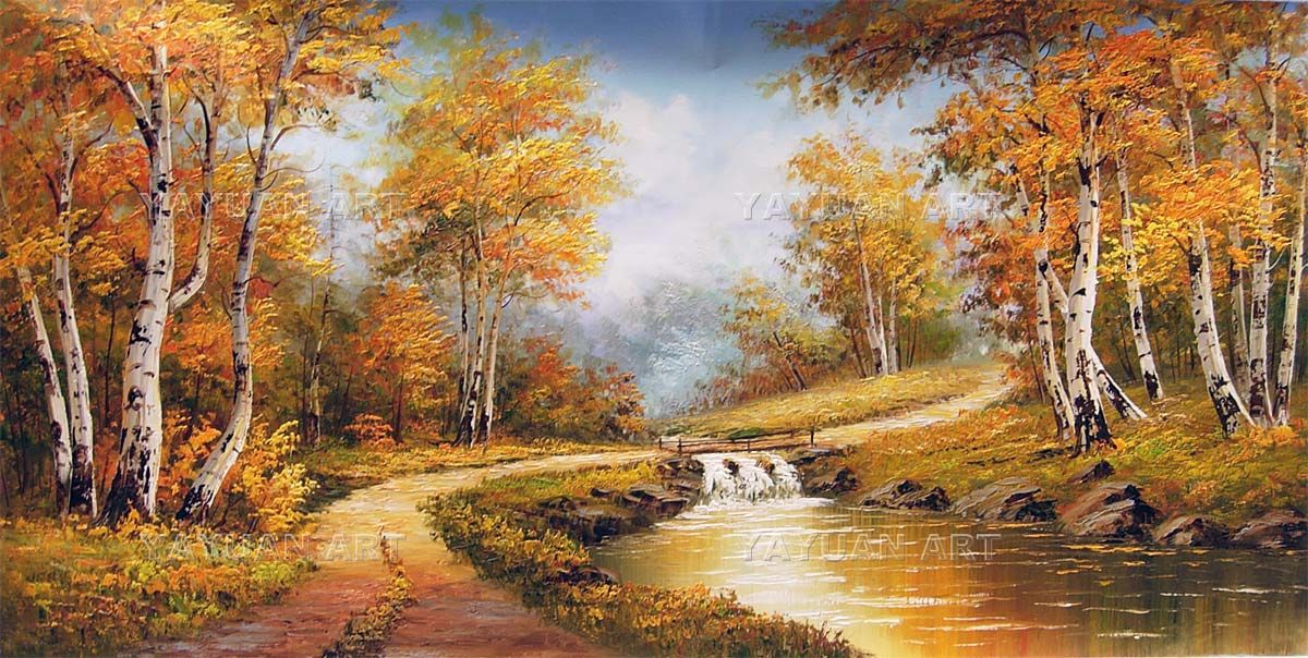 1200x604 White Birch Forest Scenery Oil Painting, Wholesale Oil Painting - Fall Scenery Painting