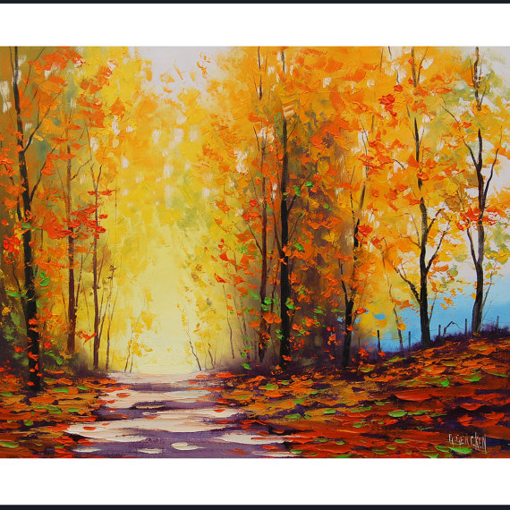 570x570 Yellow Autumn Painting Golden Fall Trees Painting Art Road - Fall Tree Painting