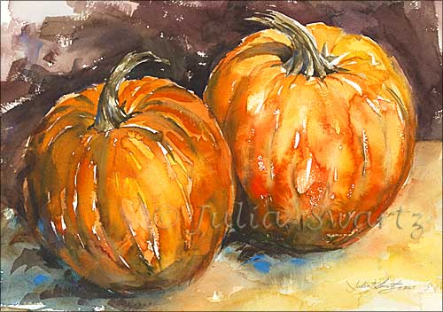 500x352 Julia Swartz Fine Art Gallery Two Pumpkins Watercolor Painting - Fall Watercolor Painting