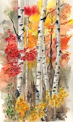 236x394 Kathleen Spellman Watercolor Reminds Me Of The Birch Tree We - Fall Watercolor Painting