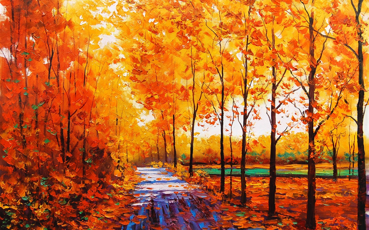 1280x800 Wallpaper Art Watercolor, Autumn Red Maple Forest With Forest Path - Fall Watercolor Painting