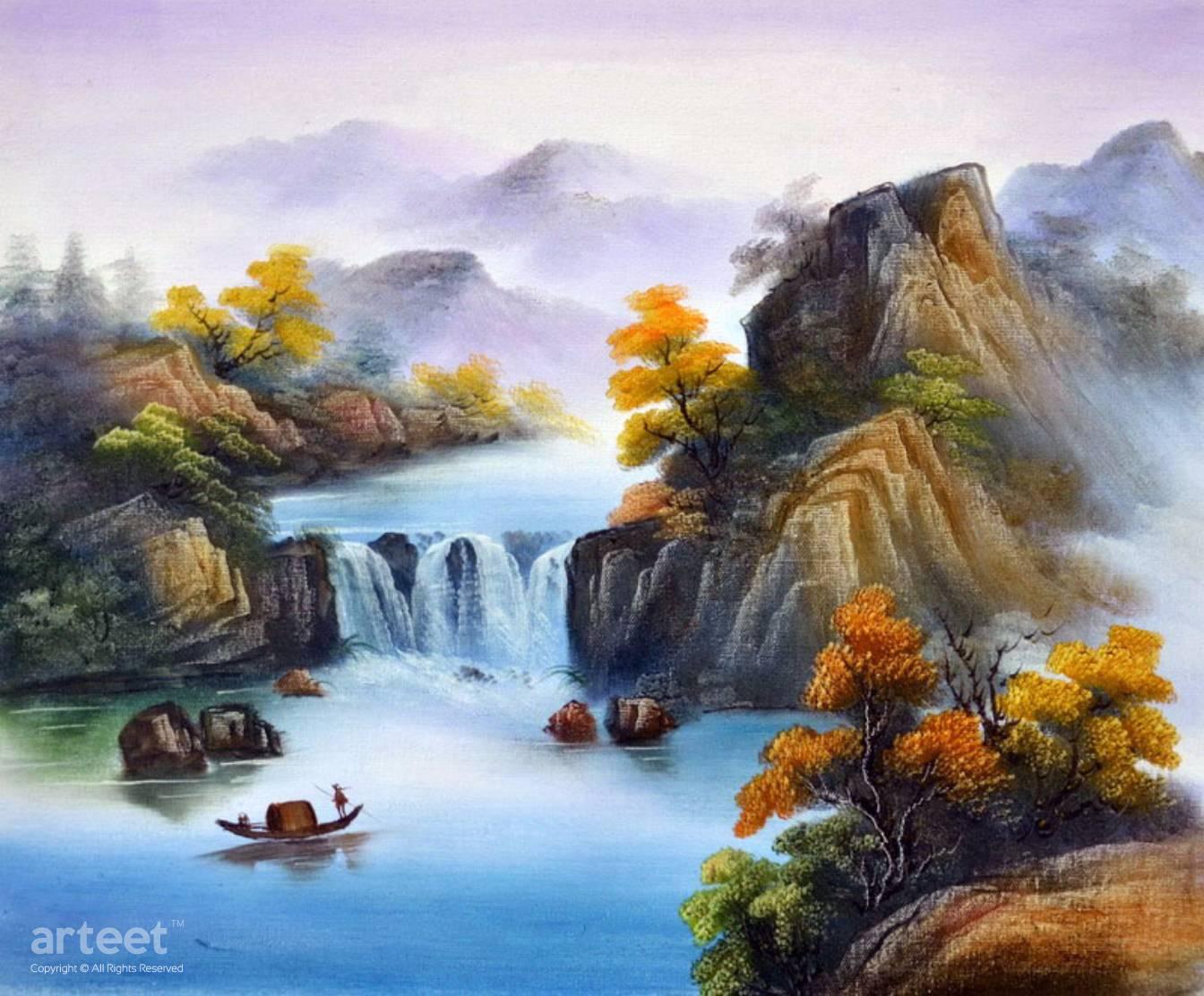 1344x1112 Falling Water In The Fall Art Paintings For Sale - Falling Water Painting