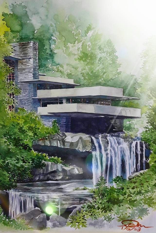 641x960 Falling Water House Watercolor By Sedtawat Harnsiriwattana Arch - Falling Water Painting