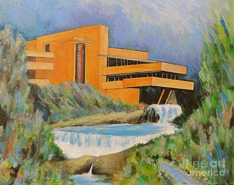 900x709 Frank Lloyd Wright Falling Water Architecture Painting By Robert - Falling Water Painting