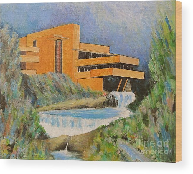 655x591 Frank Lloyd Wright Falling Water Architecture Wood Print By Robert - Falling Water Painting