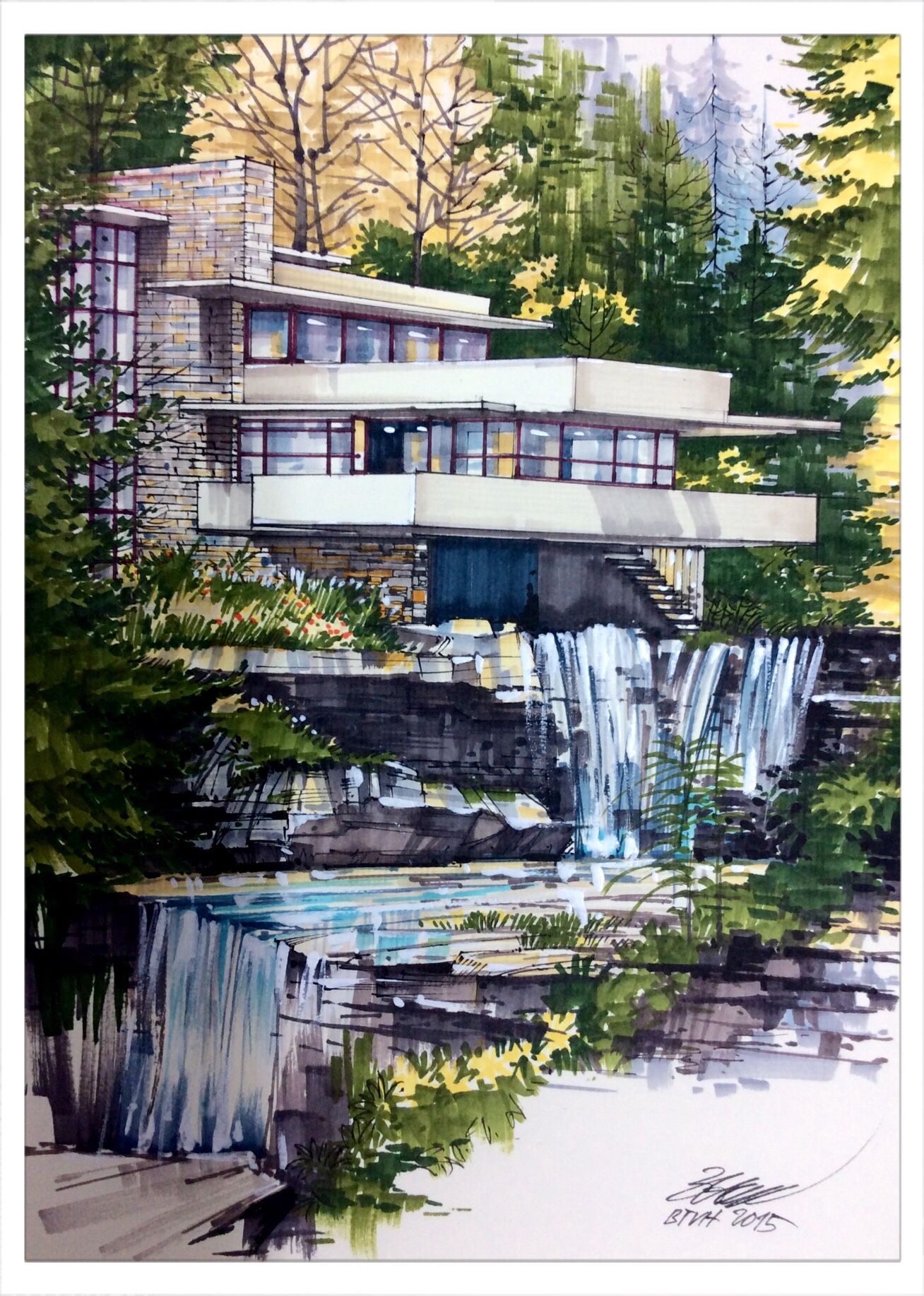 1308x1834 Frank Lloyd Wright Falling Water House Draw By Thanh - Falling Water Painting